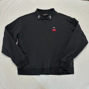 Teddy Fresh Mens Large Black Pullover Sweatshirt Collar Cherry Embroidered